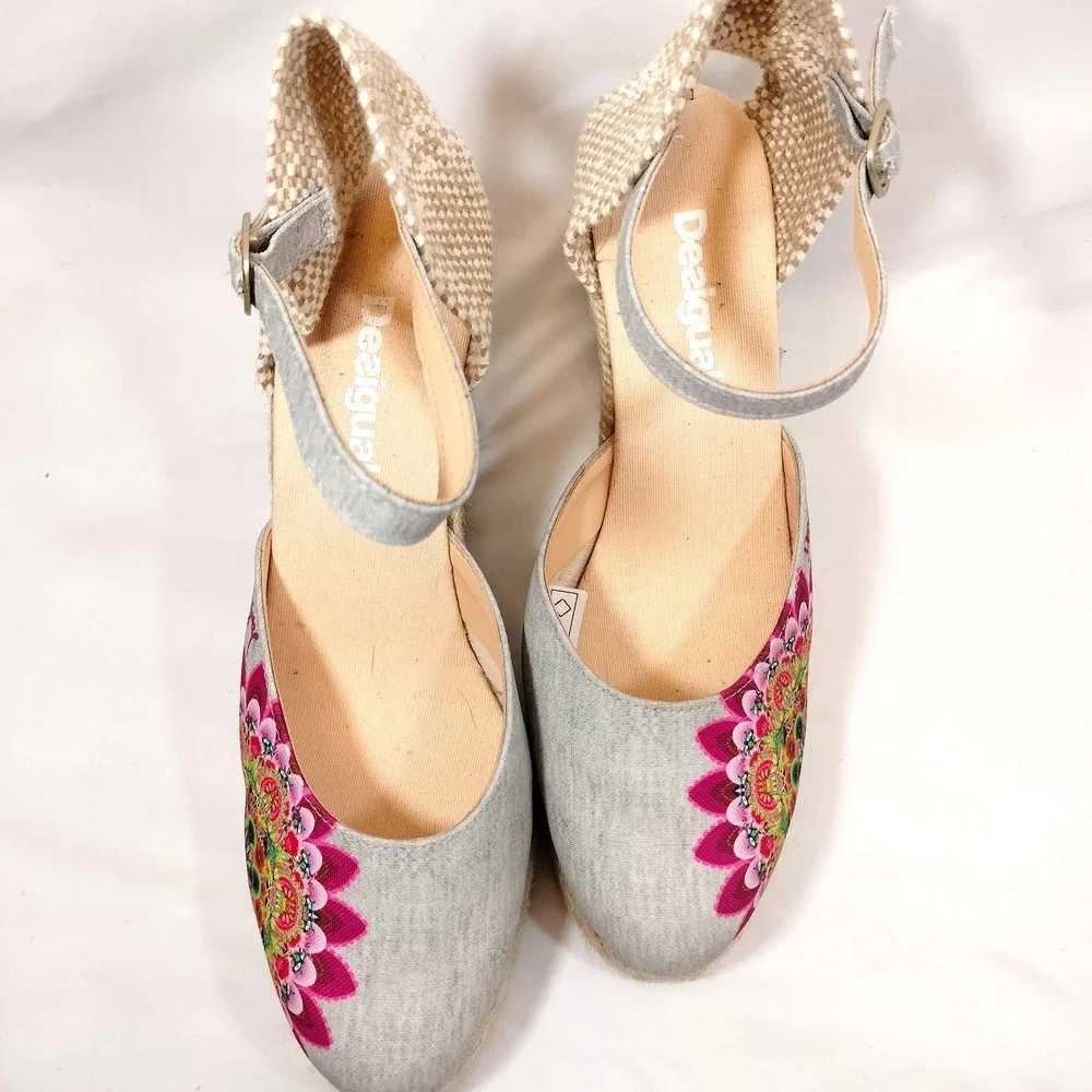 Desigual Espadrille Wedges; Floral Mandala Ankle Strap Platform Shoes